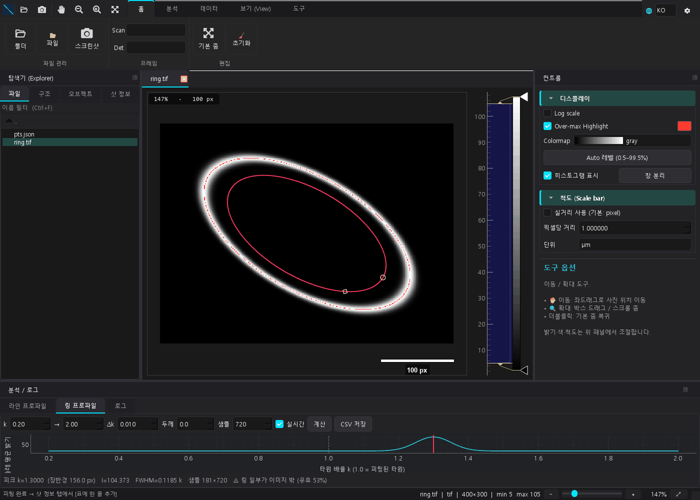 The desktop app on a synthetic ring image: fitted ellipse and the ring profile I(k)